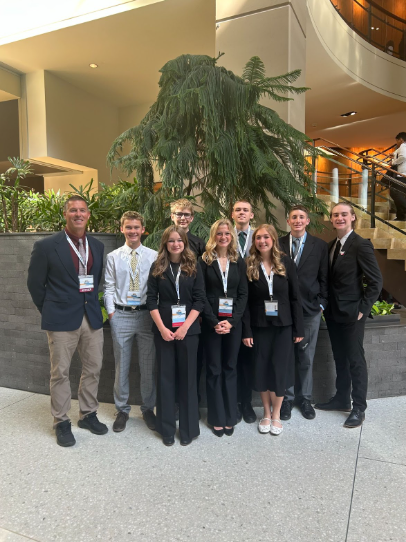 Cashmere High School FBLA team, Mr. Kurt, Wyat Nelson, Judah Lewis, Jackson Meloy, Oscar Green,
Dylan Cornea, Autumn Todd, Quinn Pace, Lucy Ray. Photo of the FBLA students in the lobby of the hotel they were staying at for the conference.