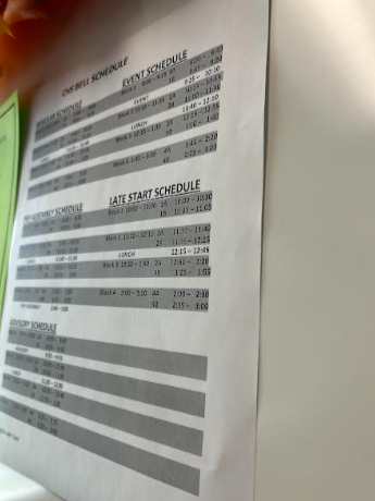 Late start schedules like this one hang in many classrooms around CHS, along with schedules for advisory, pep assembly, and event days.
