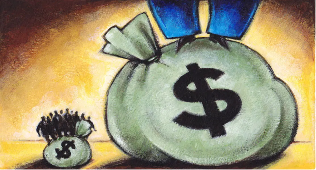This drawing, courtesy of The Harvard Gazette, shows how billionaires are hoarding large amounts of money, forcing the rest of the population to share what is left, feeling small and insignificant.