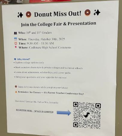 A poster showing the information about the College Fair and Presentation hangs on the wall by the counselor's office. 
