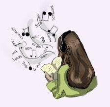 A student listening to music while working.