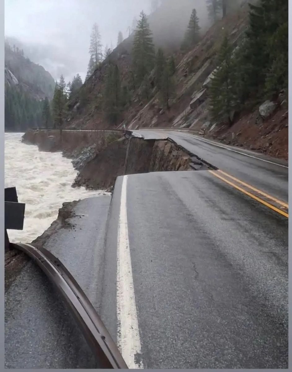 After the intensity of the atmospheric river, the Wenatchee River caused a lane up the Tumwater Canyon west of the Alps Candy Shop to collapse. 