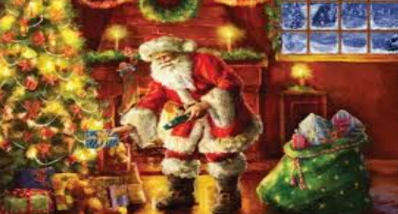 Santa putting gifts under the Christmas tree.